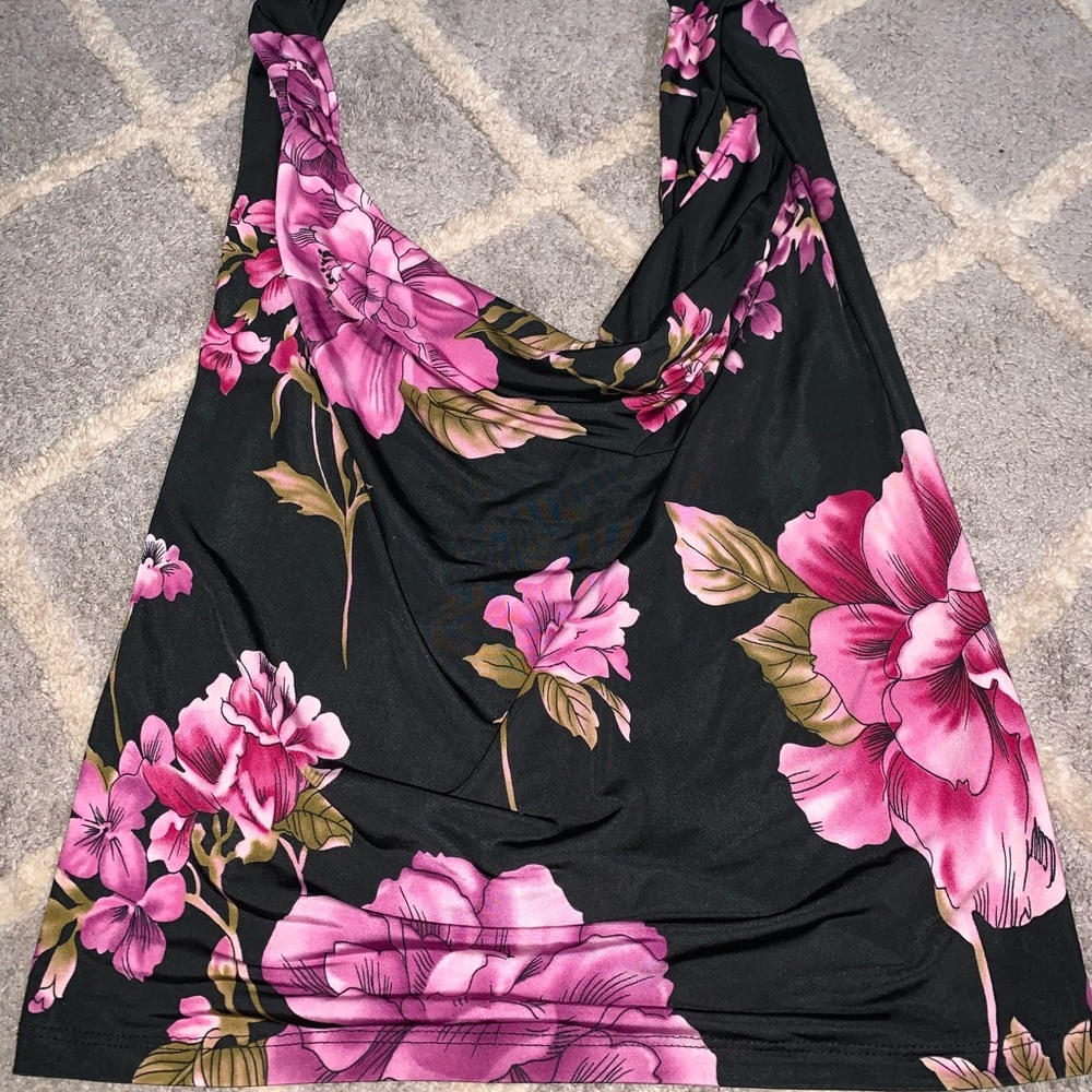 Lush Black Crop Top with Pink Floral Print